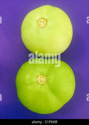 Deux tomates vertes sur le fond de l'outremer Banque D'Images