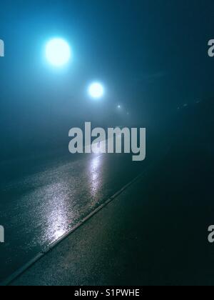 Une route en cas de brouillard épais dans la nuit. Banque D'Images