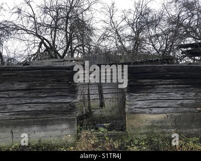 Une vieille maison abandonnée avec les traces du temps sur les murs. sans un toit. visible par une porte vide. sciage dans les fissures, rongé par le bostryche, traces d'humidité. Banque D'Images