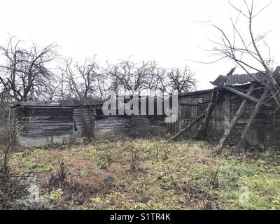 Une vieille maison abandonnée avec les traces du temps sur les murs. Sans un toit. Visible par une porte vide. Sciage dans les fissures, rongé par le bostryche, traces d'humidité. Banque D'Images