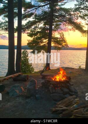 Les flammes de feu de lac et forêt au coucher du soleil d'Or Banque D'Images
