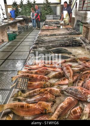 Poissonnerie avec des poissons pour la vente, y compris les sabres noirs, du marché aux poissons, le Mercado DOS Lavradores, Funchal, Madeira, Portugal Banque D'Images