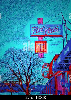 Billboard pour Fat Cats bar à côté de cadeaux et d'Harbourside Pub & Grill au centre-ville de Lac de Genève, WI Banque D'Images