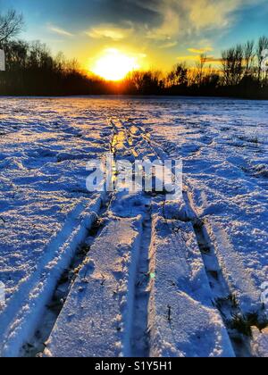 Les pistes dans un parc, faites dans la neige par un traîneau menant vers un coucher de soleil colorés au cours de l'hiver de neige de février 2018 Banque D'Images