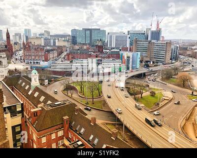 Vue de l'ancienne caserne de pompiers, Hôpital pour enfants et Aston Expressway à Birmingham Banque D'Images