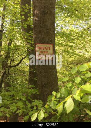 Secteur veuillez garder hors signe sur un arbre dans la forêt, attaché à un arbre. Banque D'Images