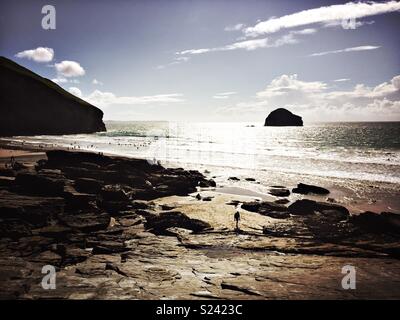 Beach et Gull Rock au large de Cornwall côte près de Tintagel et Trebarwith en été. Banque D'Images