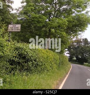 Pour fox bien ralentir sign on country road dans l'Oxfordshire. Banque D'Images