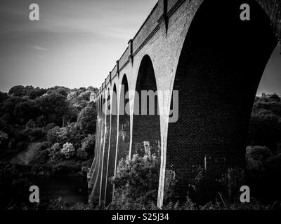 Un grand viaduc en briques traversant la rivière Esk au Yorkshire. Une fois qu'un passage à niveau il est maintenant juste un sentier. Sous l'arche la plus proche dans le lointain les ruines de l'abbaye de Whitby peut être vu. Banque D'Images