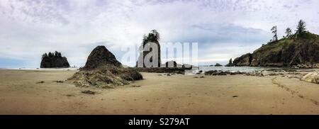 Deuxième plage avec la dame pleurer et Quateata Rock Rock, aiguilles de Quillayute, la pousser, la péninsule Olympique, l'État de Washington, USA. Banque D'Images