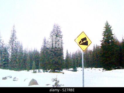 Panneau de signalisation en descente dans une forêt de pins d'hiver. Banque D'Images