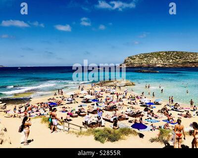 Vue sur plage de Cala Conta, Ibiza, Baléares, Espagne Banque D'Images