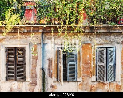 Trois vieilles fenêtres avec volets fermés et de suspendre l'herbe. L'architecture européenne Banque D'Images