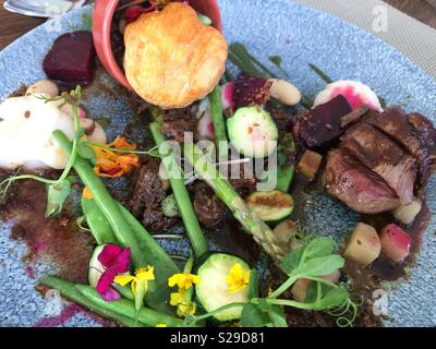 Tourte de boeuf et légumes variés comme accompagnement servi sur une assiette bleue comme un repas santé pour déjeuner dans un restaurant haut de gamme dans la région de Franschhoek, Cape Winelands Banque D'Images