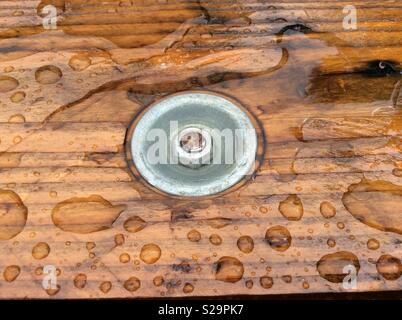 Tension de surface de l'eau de pluie sur un bois peint récemment d'un rouleau de câble et visser l'écrou Banque D'Images