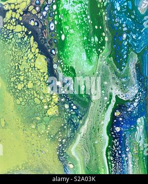 Résumé peinture bleue et verte tourbillons et de bulles. Fond peint. Banque D'Images
