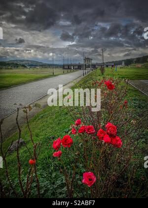 L'entrée au camp de concentration de Gross-Rosen KL, Rogoznica, Pologne. Gross-Rosen était un travail forcé Nazi sous-camp. Banque D'Images