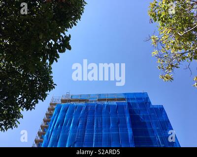 Bâtiment visé dans l'échafaudage bleu contre un ciel bleu vu entre deux arbres. Banque D'Images