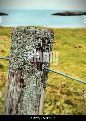 Poteau de clôture Weathered à sur l'île de dans les petites îles de l'Ouest Bay en Ecosse en Septembre Banque D'Images