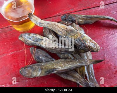 Poisson séché et une bière sur une table rouge, de l'Ukraine Banque D'Images