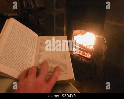 Lire un livre au coin du feu Banque D'Images