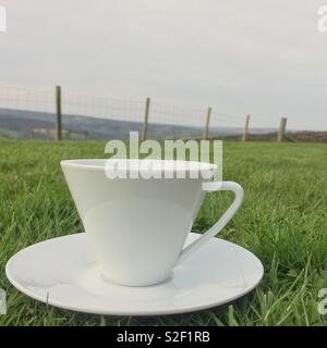 Une élégante tasse et soucoupe blanc à l'extérieur, dans un champ sur le bord de nulle part Banque D'Images