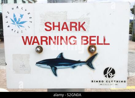 Alerte au requin bell signe sur poster holding hand bell à St Clair's beach, Dunedin, Nouvelle-Zélande. Banque D'Images