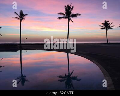 Les palmiers se reflètent dans une piscine en bord de mer sur la promenade de Durban au lever du soleil. Banque D'Images