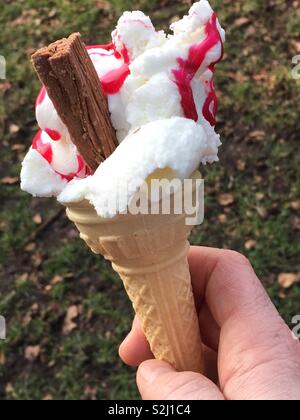 Cornet de crème glacée avec boule de glace délicieuse crème glacée, chocolat et framboise flocons sauce aux fraises. 99 Banque D'Images