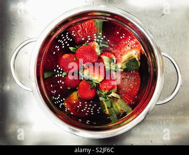 Fraises fraîches dans une passoire en métal Banque D'Images