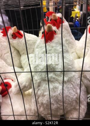 Animal en peluche surpeuplés et smushed permanent poulets dans un panier métallique qui montre la surpopulation d'animaux dans des cages. Banque D'Images