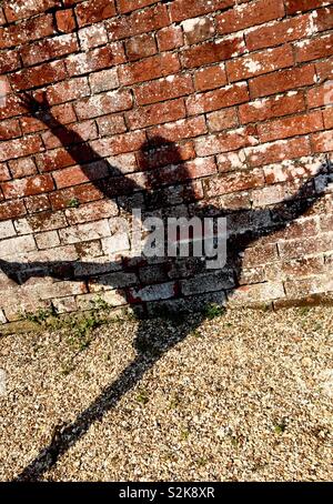 Enfant de sexe féminin ombre sur le mur et l'allée de graviers jumping Banque D'Images