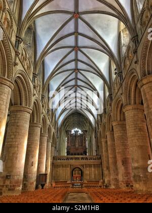 Intérieur de la cathédrale de Gloucester montrant orgue et plafond voûté et orné d'immenses piliers. Banque D'Images