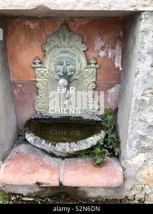 La décoration de style Victorien / Empire fontaine publique avec un visage des Lions, en front de mer Cap Ferrat France avec l'inscription "Pas de chiens' 'Bar un Ride' Banque D'Images