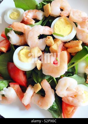 Près d'une mise à plat avec la salade d'œufs durs et tomates croûtons croustillants Banque D'Images