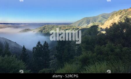 Matin sur Angeles National Forest avec sun apparaissant, ciel bleu et les bas-fonds de brouillard dans la vallée ci-dessous Banque D'Images