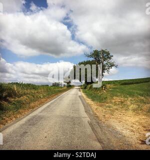 Une petite route de campagne dans un paysage de champ sec dans la France rurale, l'été Banque D'Images