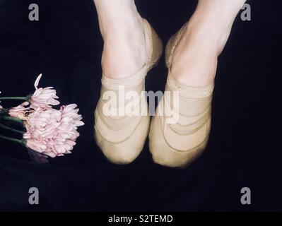 Une jeune fille portant une paire de chaussures tan dance jazz tout en se posant sur un tutu violet foncé avec des fleurs Banque D'Images