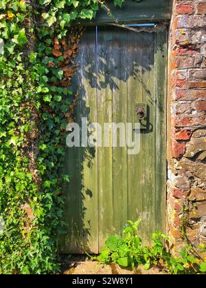 Ancien peint en noir, vert porte d'un jardin, entouré de lierre. Banque D'Images