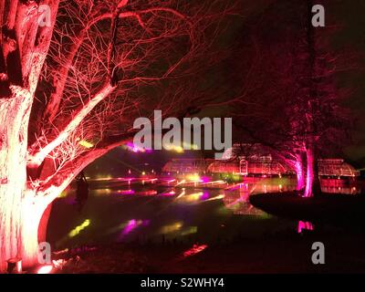 Affichage de la lumière laser sur le lac à Kew Gardens, à Noël 2018, sentier lumineux de Kew, Londres, UK Banque D'Images