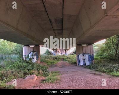 Sous un pont routier, avec des colonnes de support graffitied. Banque D'Images