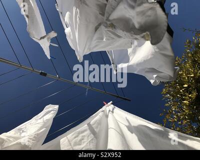 Draps blancs séchant sur une ligne de lavage à l'extérieur sous un ciel bleu vif Banque D'Images