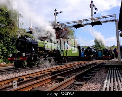 Locomotives à vapeur miniatures alignés prêts à partir de Hythe station sur le Romney Hythe et Dymchurch Railway, Kent Banque D'Images