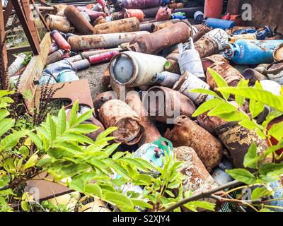 Vieux, les bouteilles de gaz rouillées sur casse derrière l'arbre. Banque D'Images