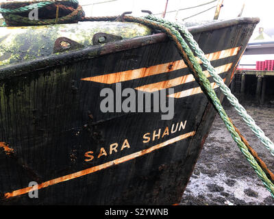 Chalutier vieux pourrir lentement dans le port de Newlyn, Cornwall, en novembre. Banque D'Images