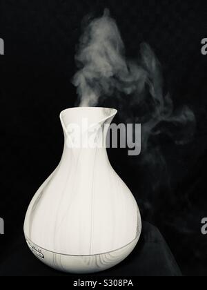 Diffuseur d'air en bois de bambou essentiel est de couleur noire et blanche, gros plan pic de l'humidificateur d'air avec vapeur - vaporisation Banque D'Images