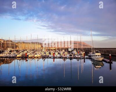 Matin d'hiver au port de plaisance de Graystones Harbour avec de nouveaux appartements de côté et Bray Head en arrière-plan , co. Wicklow, Irlande. Banque D'Images