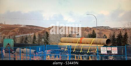 Gazoduc, construction, près de Cochrane, Alberta, Canada. Banque D'Images