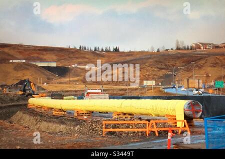 Gazoduc, construction, près de Cochrane, Alberta, Canada. Banque D'Images