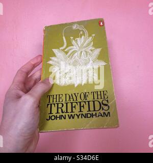 Main de la femme tenant une copie de papier vintage de « The Day of the Triffids », un roman de science-fiction dystopienne Banque D'Images